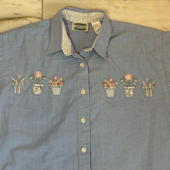 Separate Issue Floral Embroidered Button Down Shirt Size S Blue Gingham Trim - Picture 4 of 7